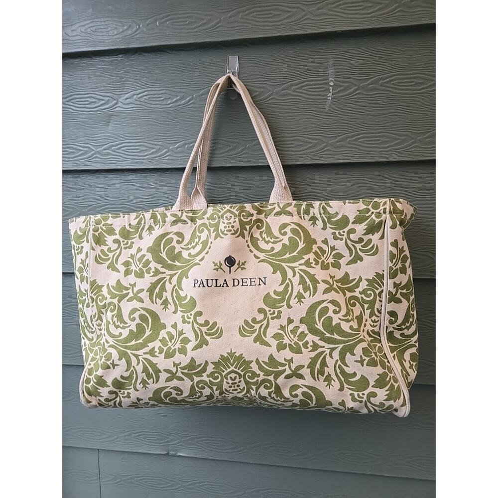 PAULA DEEN 18" CANVAS TOTE BAG Beige/olive Multi Inside Pockets